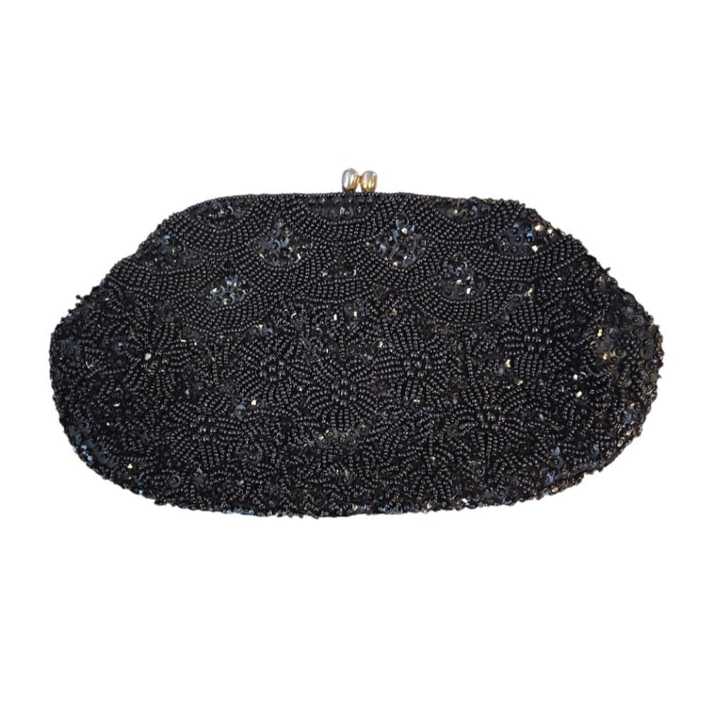 VTG 50s 60s Black Handmade Hong Kong Beaded Sequins Kiss Lock‎ Clutch